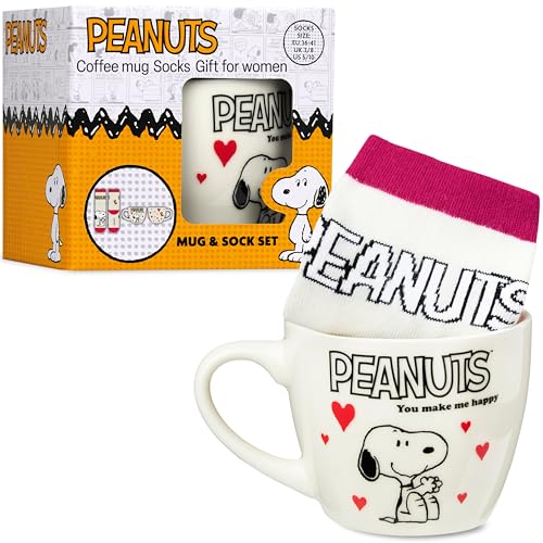 Get Trend Peanuts Snoopy Tasse und Socken Damen Teens 340ml/11.5oz Keramik Kaffeebecher Weich Kuschelsocken 3641 Größe Kawaii Geschenke für Frauen Teenager (Rosa Snoopy)
