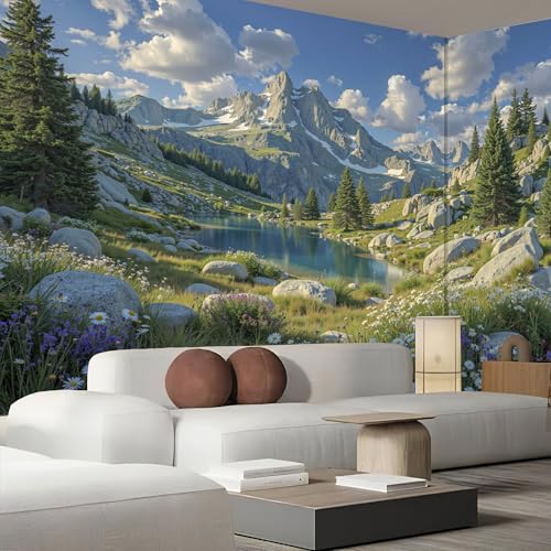 Papier peint panoramique prairies fleuries lacs tableau poster décoration murale - 2