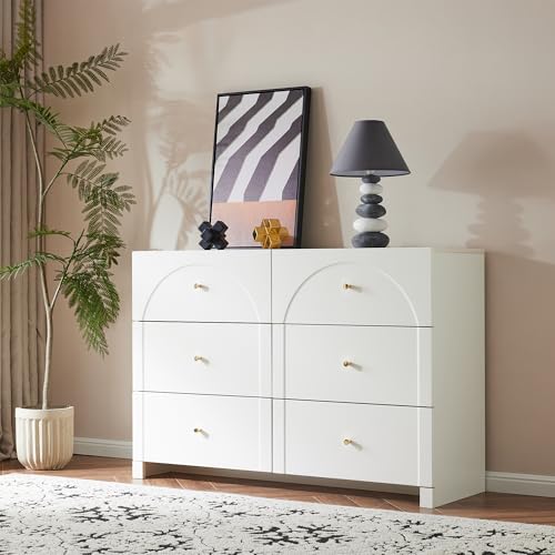Pangshiyuan Cajonera de madera blanca con 6 cajones, armario de almacenamiento con asas de metal, armario para salón o dormitorio, 120 x 40 x 82 cm