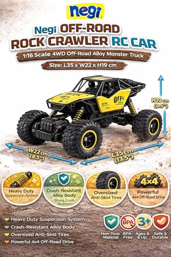 Image of Negi Off-Road Rock Crawler RC Car - 1:16 Scale Alloy Monster Truck with Smoke Effect for Kids (multicolours)