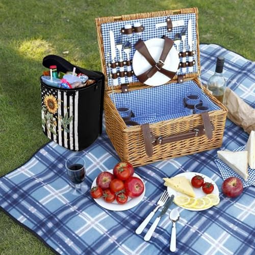 Image of Talayituse American Flag Sunflower Hummingbird Print Car Trash Can with Adjustable Straps, Foldable Car Trash Bag Bin Car Garbage Bag Multipurpose Storage Box for Vehicle Travel Camping Picnicing