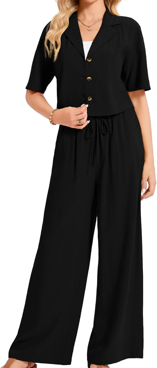 Women's Linen 2 Piece Sets Summer Business Casual Outfits Short Sleeve Shirt and Wide Leg Pants Suits Matching Sets - Image 2
