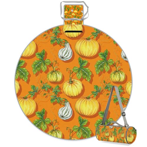 Shimoshe Beautiful Pumpkin Picnic Outdoor Blanket Foldable Waterproof Sandproof Beach Blanket Portable Water-Resistant Round Picnic Mat for Travel Camping Park Lawn