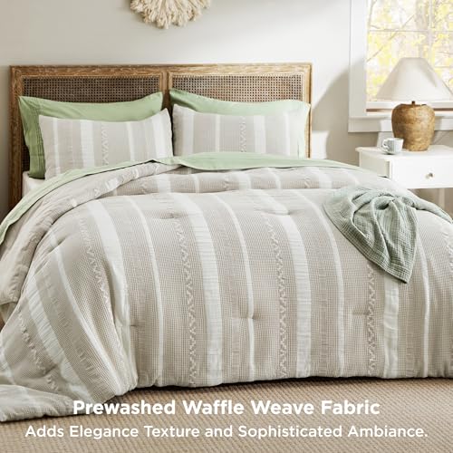 Image of Bedsure Waffle Queen Comforter Set - Linen Soft Cotton Bedding Set for All Seasons, Stripe Fluffy Bed Set 3 Pieces with 1 Waffle Weave Comforter Queen Size and 2 Pillow Shams