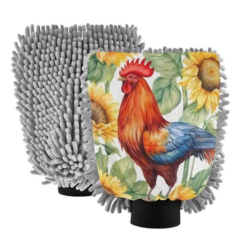 Flradish 2 Pack Roosters and Sunflowers Car Wash Mitt Chenille Microfiber Lint-Free Scratch Free Ultra-Soft Absorbent Car Wash Mitt 11.8x8.07 Inch