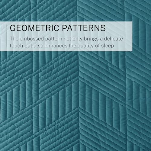 Exclusivo Mezcla Ultrasonic Full Queen Quilt Bedding Set, Lightweight Teal Bedspreads Soft Modern Geometric Coverlet Set for All Seasons (1 Quilt and 2 Pillow Shams)
