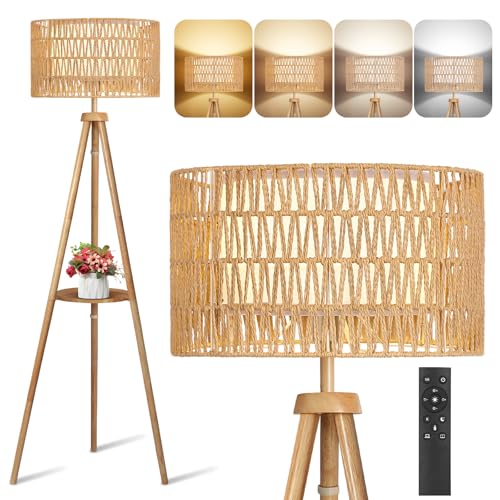 OUTON Stehlampe Holz Dreibein, Modern Dimmbar Stehlampe mit Fernbedienung, 4 Farbtemperaturen, 1H Timer, Stehleuchte Rattan- & Leinen-Doppelschirmen mit Regal für Schlafzimmer, Wohnzimmer, Büro