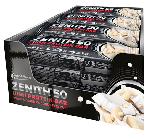 IronMaxx Zenith 50 High Protein Bar - White Almond Coconut - 16x45g | Eiweißriegel mit 50% Protein | Low Sugar Snack mit cremiger Umhüllung | High Proteinriegel für Muskelaufbau, Diät & Fitness