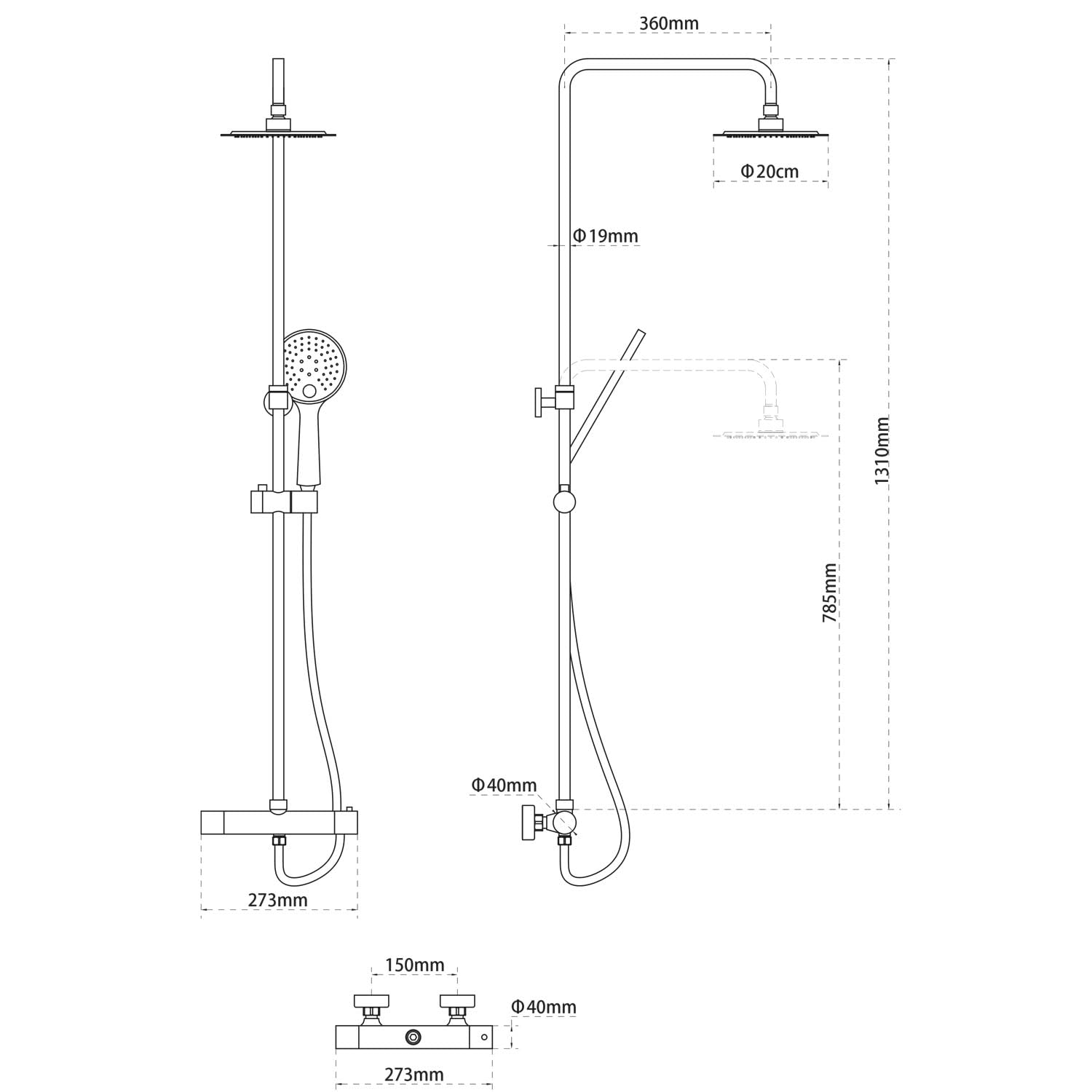 Highline Pro kolumna prysznicowa, termostat, z deszczownicą i słuchawką prysznicową chromowaną, kompletny zestaw prysznicowy z deszczownicą ze stali nierdzewnej, 3 funkcje