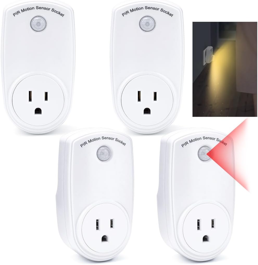 4 Pcs Electrical Outlet Plug Switch for Rooms, Corridors, Garages, Pir Motion Sensor Light Plug in Outlet, Indoor Light Control Smart Socket, 120° Wide Angle and 19.7 Ft Range, Motion Sensor Outlets