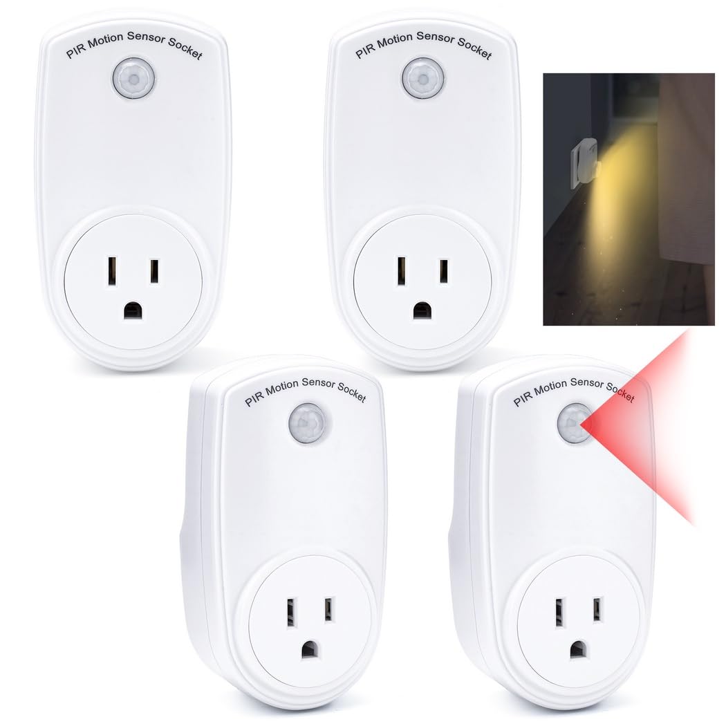 4 Pcs Electrical Outlet Plug Switch for Rooms Corridors Garages Pir Motion Sensor Light Plug in Outlet Indoor