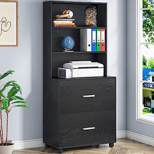 Tribesigns Lateral File Cabinet Modern Wood Filing Cabinet With 2 Large Drawer Fits Letter/A4 Size, Printer Stand With 4 Open Storage Bookshelves For Home Office, Black #TOP4