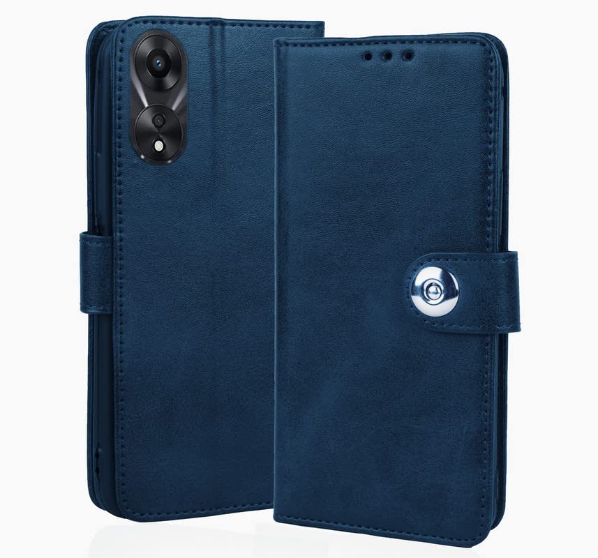 SESS XUSIVE Leather Case Wallet Slim Book Cover with Card Slots Inside Pockets Designer Button Magnet Closure for Oppo A78 5G - Button Blue (B0BW49FLD1) Amazon Price History, Amazon Price Tracker