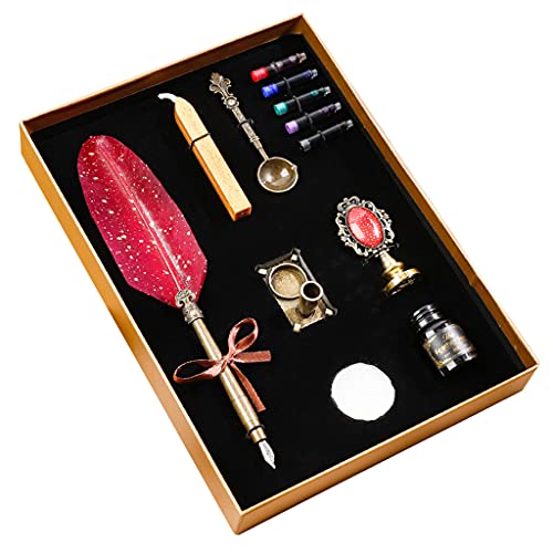 Stylo à plume dorée calligraphie, kit de sceau de cire vintage avec tampon et cuillère en cuivre