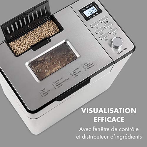 Klarstein Brotilde Family - Machine à pain, 14 programmes, 3 degrés de cuisson différents, fonction réchauffage, minuterie, écran LCD, fenêtre de visualisation, doseur d'ingrédients, inox