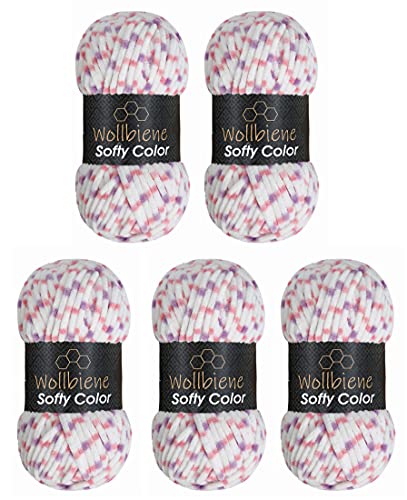 Wollbiene Softy Color 5 x 100 Gramm Chenillewolle Strickwolle, Babywolle, 500 Gramm Wolle Super Bulky (weiß-rosa-lila 112)