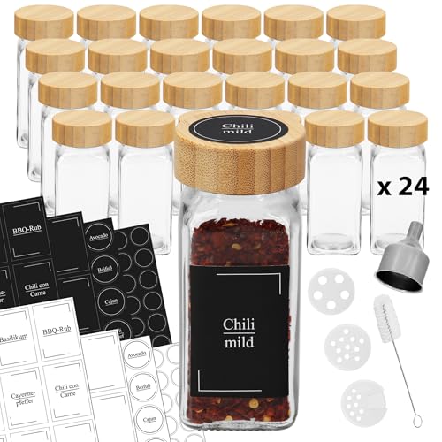 Gewürzgläser eckig leer mit Bambusdeckel VonBueren | 24 x 120 ml | Gewürzbehälter mit...