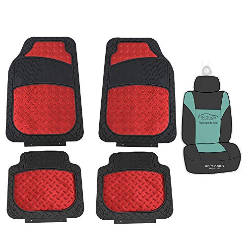 FH Group Automotive Floor Mats -Trimmable Heavy-Duty Combo Small Car Seat Cover Design Metallic Rubber Floor Mats, ClimaProof™ Floor Mats for Sedan, SUV,Truck Floor Mats Universal Fit Red Full Set