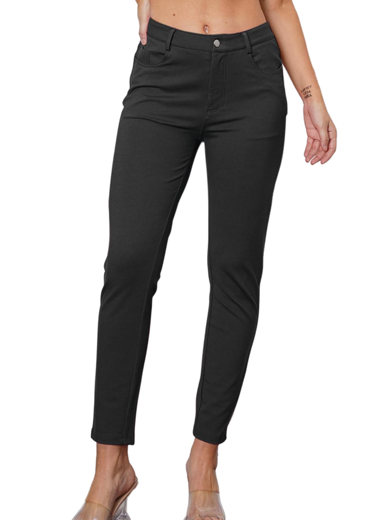 Womens High-Waisted Pants Stretchy Stitch Slim Fit Pants with Pockets Solid Color Button Zip Ankle Length Perfect