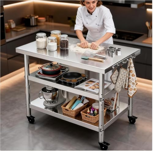 Stainless Steel Prep and Work Table with Wheels Multi-Size Heavy-Duty Metal Commercial Kitchen Commercial Workbench Suitable for Restaurants Homes Outdoor and Hotels (36 Lx24 Wx34 H)