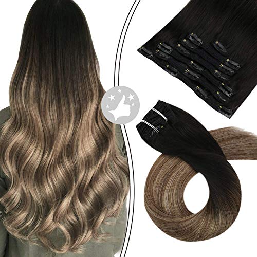 Remy Clip in Hair Extensions,Moresoo 24inch Long Straight Real Human Hair Dark Roots Off Black to Balayage Blonde with Brown Human Hair Extensions Clip ins 7PCS 100Gram