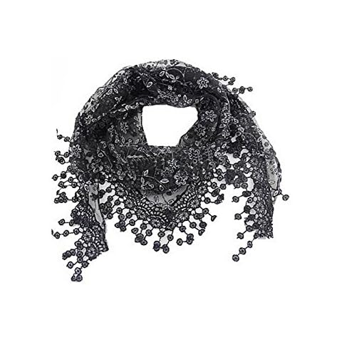 FSSTUD Elegant Women Ladies Soft Lace Hollow Tassel Scarves Triangle Long Wrap Shawl Scarf Black Cover