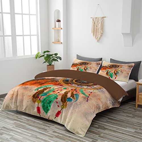 Toptree Super Soft Dream Catching Net 3 Piece Duvet Cover For Kids Teen Boys, Green Feather Print Theme Quilt Cover, Comfortable And Soft Duvet Cover Bedding Set (Queen Size) #TOP3