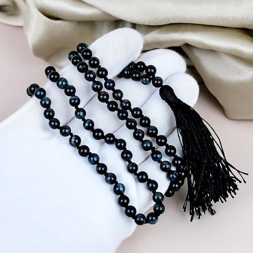 Collier de méditation œil de chat bleu naturel et œil de tigre noué main