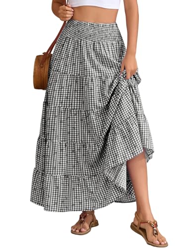 Lyrur Womens Gingham Skirt Boho Smocked High Waist Summer Floral Flowy Long Maxi Skirts with Pockets (M 7088-Black Gingham)