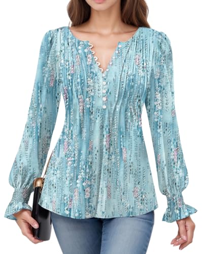 ETCYY Womens T Shirts Long Sleeve Tops 2025 Fall Fashion Pleated Tunic Tops Dressy Casual Button Down Blouses Fall Outfits