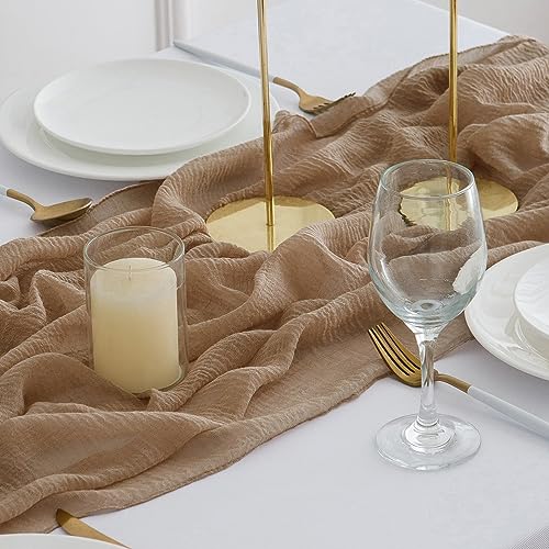 AOKSUNOVA AOKSUNOVA Tischläufer Musselin Braun Dekostoff Tischläufer Hochzeit Käsetuch 3m x 80cm - Produktansicht 3 | Tischdekoration