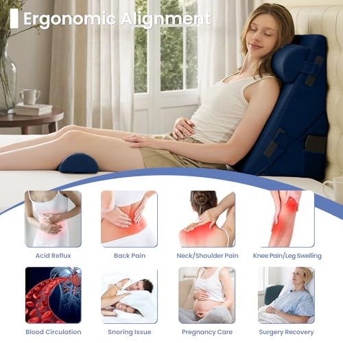 Image of Sasttie Wedge Pillow Set for After Surgery, 3PCS Adjustable Bed Wedge Pillow Headboard with Memory Foam Neck Cushion - for Acid Reflux, Sleeping, Neck & Back Support, Navy