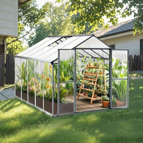 Gegaden Gewächshaus Aluminium für den Garten |Mit 8 cm dickeres Fundament| 301*238*210 cm | Vielseitig nutzbar als Treibhaus Gartenhaus Winterfest Aufzucht Tomatenhaus Frühbeet und Pflanzenhaus Grau