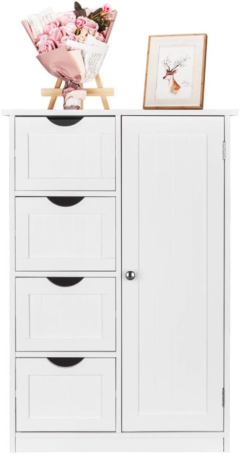 Small Bathroom Storage Cabinet with Doors and 4 Drawers, Freestanding White MDF Organizer, Short Cabinet for Bathroom, Entryway, or Home Decor
