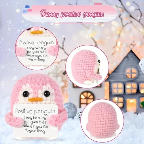 Image of Zibuyu Handmade Crochet Penguin Desk Decor with Positive Message Card Cute Motivational Crochet Toys Gift for Office Home Baby Nursery, Pink
