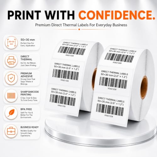 Image of Shreyans Direct Thermal Labels (Pack of 18, 50mm x 30mm - 400 Labels /Roll) - Non Tearable, Water Proof & Non Fade with Permanent Marking - 7200 Labels