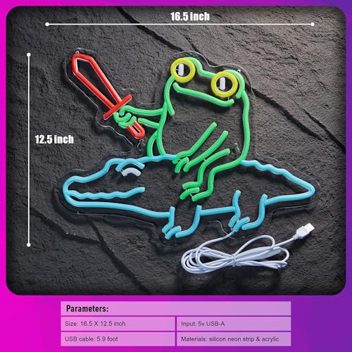Image of Frog Neon Sign for Wall Decor Cartoon Frog Alligator Knight Crocodile Warrior Anime LED Light for Man Cave Room Home Party Birthday Bar Signs, USB Powered 16.5 X 12.6 inchs