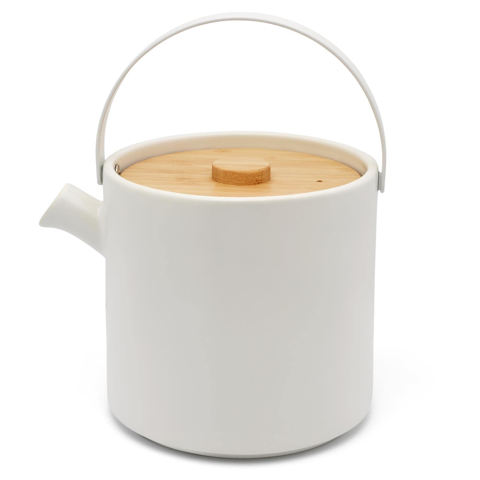 Bredemeijer Teekannen Set - weiße Keramik-Kanne 1.2 Liter & Tee-Filter Sieb-Einsatz für losen Tee & Stövchen & 2 Steingut Teebecher - 6-tlg.