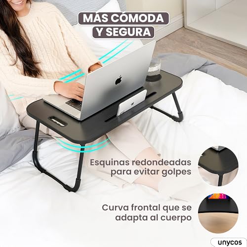 unycos - Bandeja para Cama, Mesa Plegable de Desayuno, Ideal para Portátil, Ordenador y Libros, Ergonómica, Mesa Auxiliar con Atril para Leer en la Cama 60x40x26 cm (Negro/Gris sin Cajón) - imagen 5