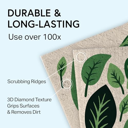 Image of Swedish Wholesale Dishcloths Reusable 8 inch x 7 inch Sponge Cloths, Bulk 10 Pack of High Absorbent Cellulose Dish & Kitchen Cleaning Hand Towels, Wring to Dry & Machine Wash, Odor Resistant, Leaves