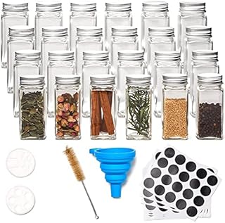 EZOWARE Set of 24 Spice Herb Clear Glass Jars with Shaker Lid, 120ml Square Kitchen Vial Seasoning Storage Organiser Container Bottles, Airtight Aluminum Cap, Funnel, Cleaning Brush, Labels
