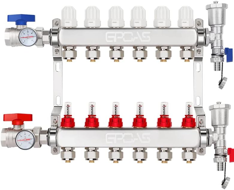 6-Loops Radiant Floor Heating Manifold Pex Pipe Radiant Heat Floor Manifold 304 Stainless Steel for 1/2" PEX Tube