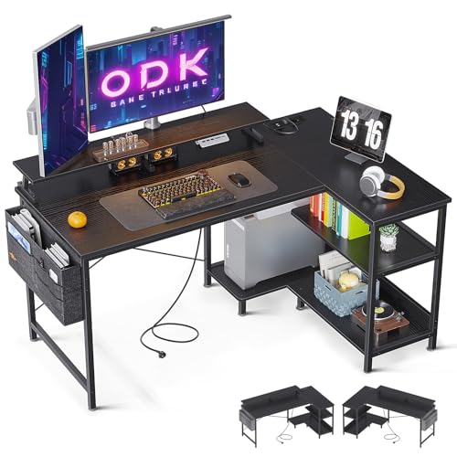 ODK - ODK Bureau d'angle, Gaming Bureau en Forme L avec Etagere Réversible, Bureau Gaming avec Port USB et Prise de Courant, Table d’Ordinateur Bureau Informatique avec Support d'écran (Noir, 120x80x88cm)