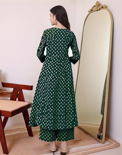 Image of ANNI Designer Women's Pure Cotton Anarkali Kurta Set for Women with Dupatta & Plazzo - Hand Block Print Suit Set | Stylish Dress | Cotton Kurta Set for Women