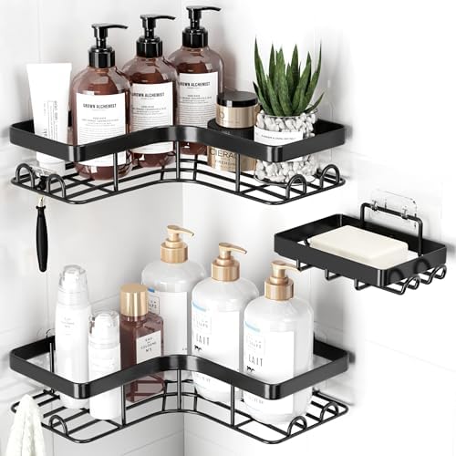 Sakugi Corner Shower Caddy - 3-Pack Shower Organizer with Soap Holder & Built-In Hooks, Rustproof Metal Shower Shelves, Laundry, Kitchen, Bathroom Organizers and Storage Solution, Black