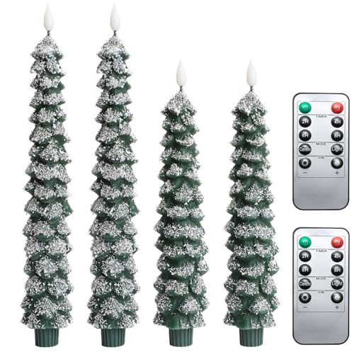 MUMCHASI 4 Pcs Flameless Taper Candles, Christmas Tree Candles with Remote, Battery Operated Candlesticks, Flickering LED Window Candlelights Real Wax Christmas Candlesticks H9.45,11.4”Green