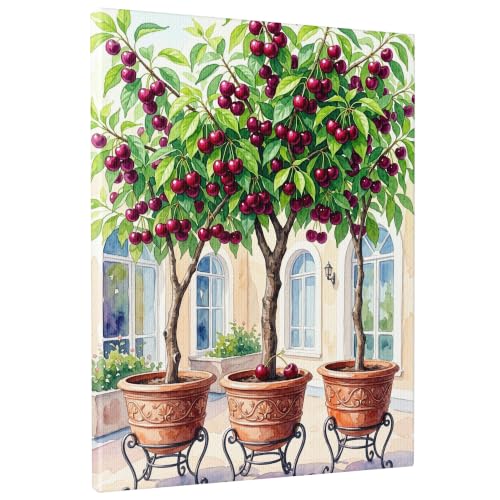 Lienzo de cerezas que alegra paredes oscuras con pintura de árbol frutal de 16 x 20 moderno