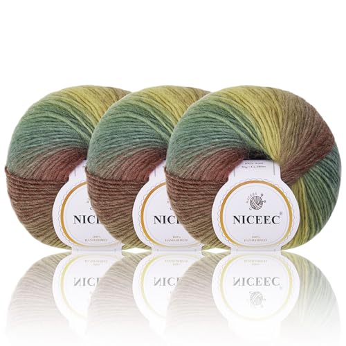 Image of NICEEC 3 Skeins Rainbow Soft Yarn 100% Wool Gradient Multi Color Yarn for Crocheting Knit Total Length 180mx2(196ydsx2,50gx2)-15#