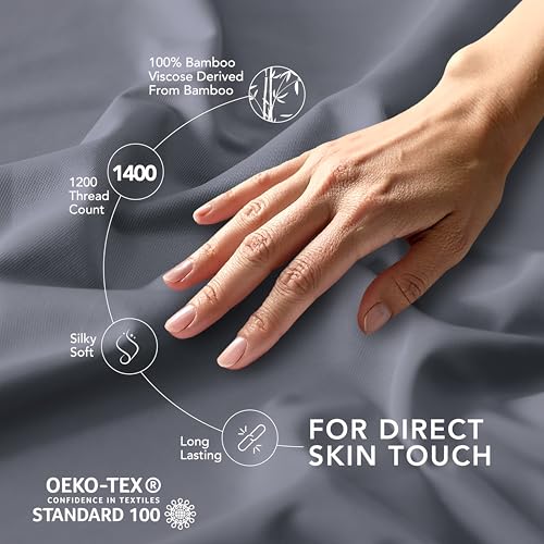 Image of Epitex Solid 4 Piece King Sheet Set - Viscose Derived from Bamboo, 1400 Thread Count, Breathable and Cooling Bed Sheets Set, Luxurious Bedding for Hot Sleeper, Deep Pocket up to 16'', Light Grey