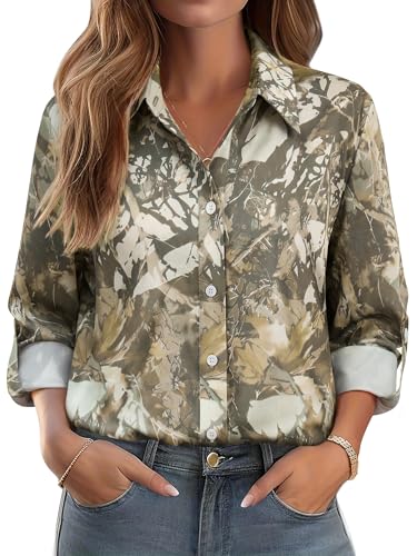MYMORE Women's Long Sleeve Camouflage Button Up Shirt Blouse Graphic Western Cowgirl Cowboy Camo Print Shirts Top Rodeo Outfits Wear Clothing Green XL
